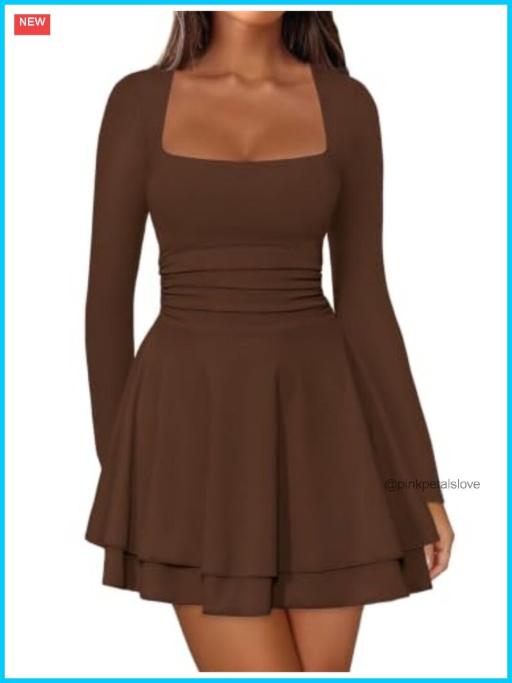 Long Sleeve Mini Dress Square Neck Ruffle Hem Bodycon Party Club Dress